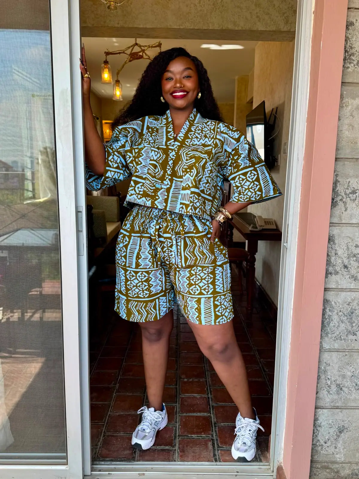JGC Kauli Ankara Top — Olive & White Geometric