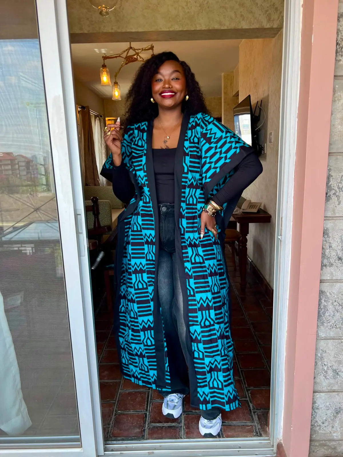 JGC Poncho Kimono — Blue & Black Geometric