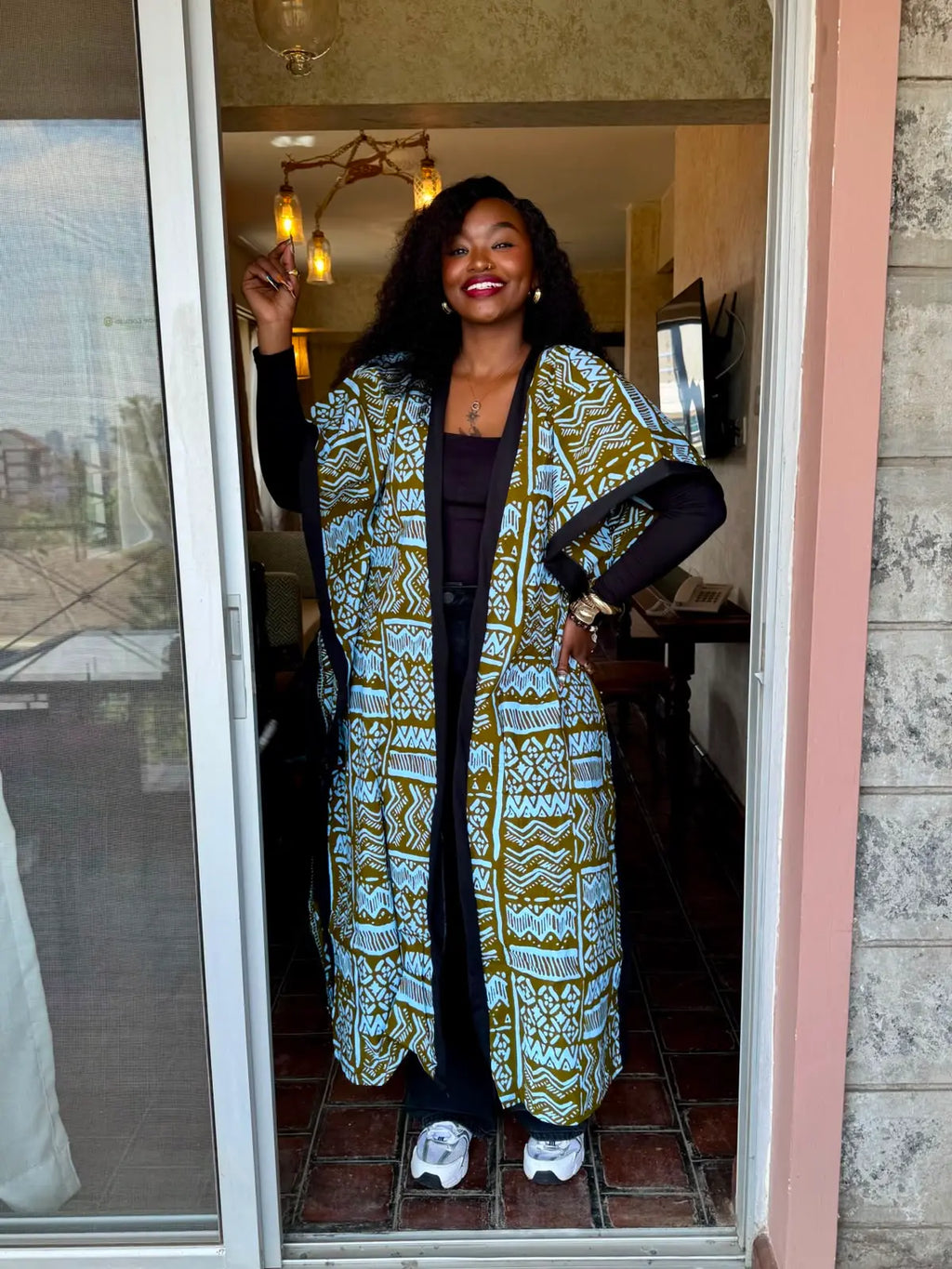 JGC Poncho Kimono — Green & White Geometric