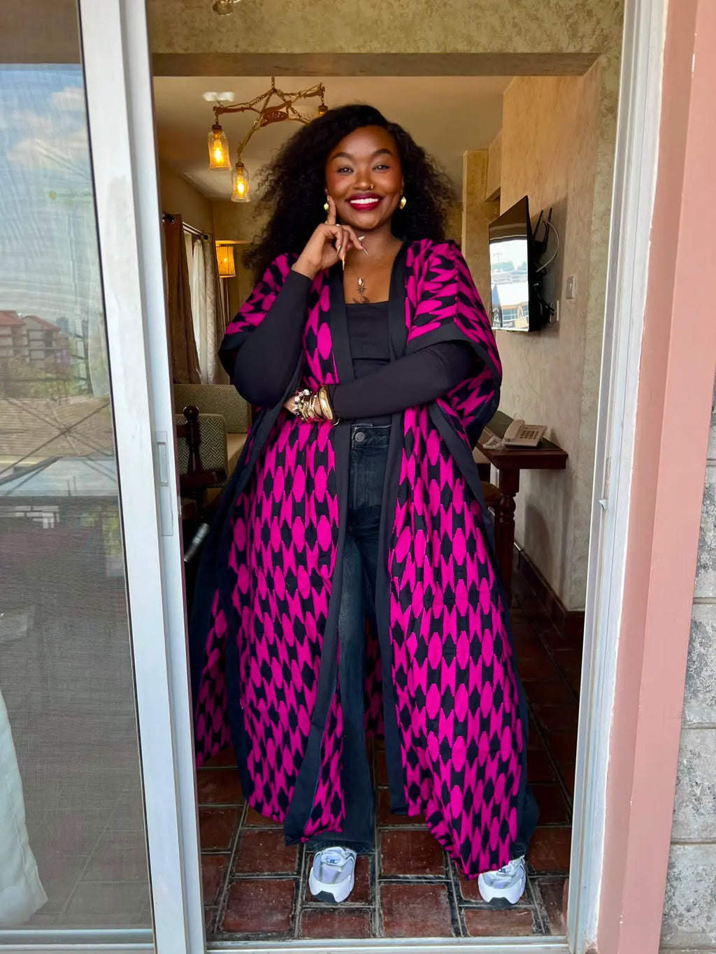 JGC Poncho Kimono — Pink & Black Geometric