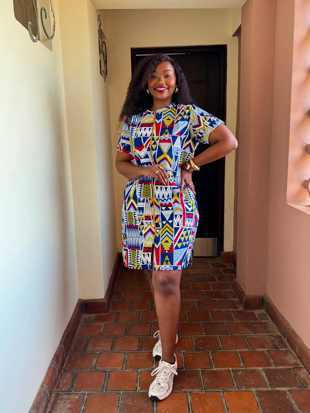 JGC Zipper Dress — Blue, Yellow & Red Geometric