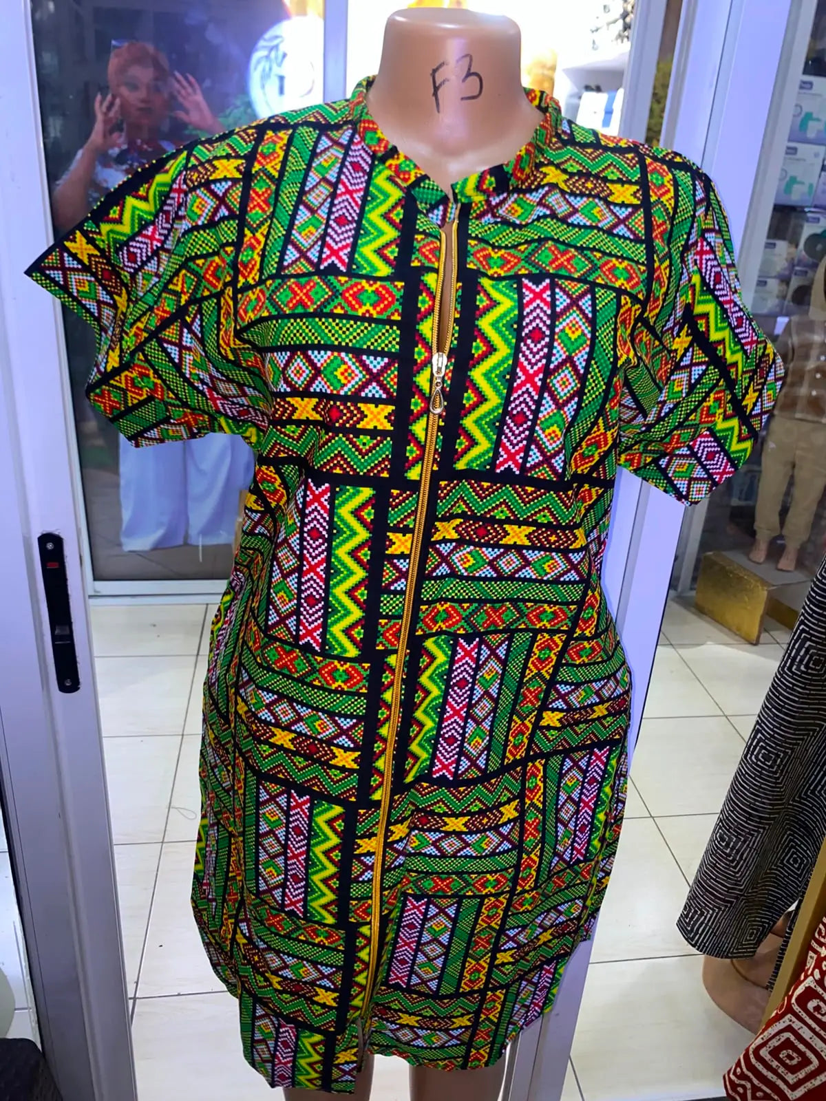 JGC Zipper Dress — Green, Red & Yellow Geometric
