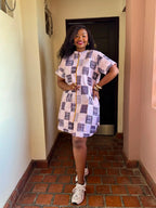 JGC Zipper Dress — Blush & Navy Geometric