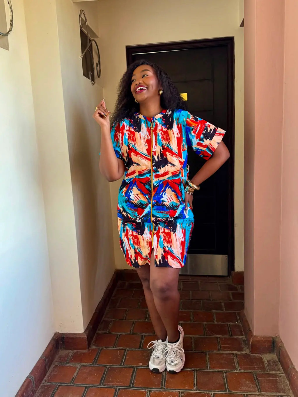 JGC Zipper Dress — Blue, Red & White Abstract