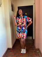 JGC Zipper Dress — Blue, Red & White Abstract