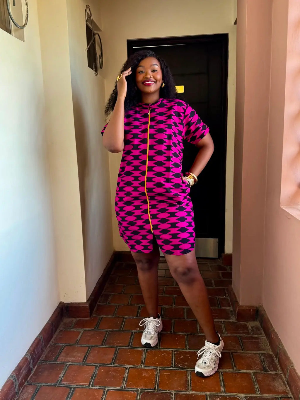 JGC Zipper Dress — Black & Magenta Geometric