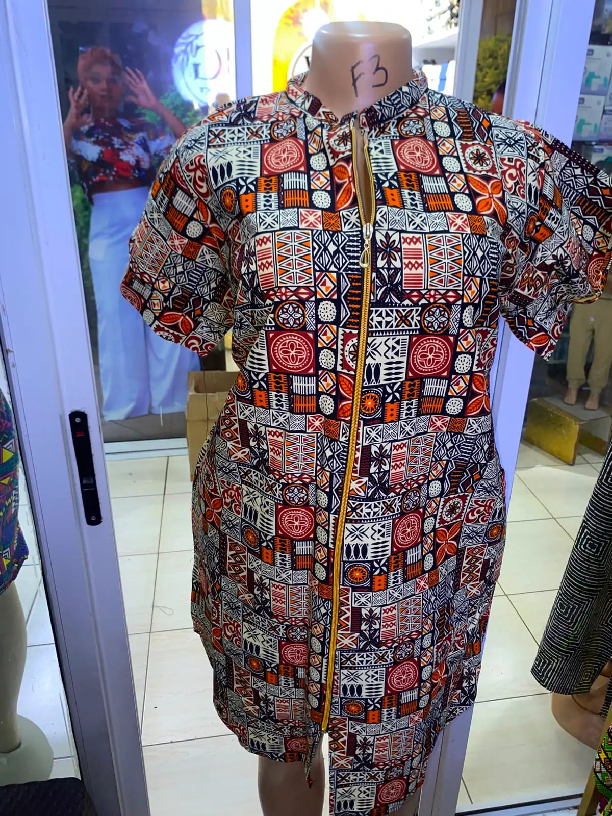 JGC Zipper Dress — Navy, Rust & Cream Geometric