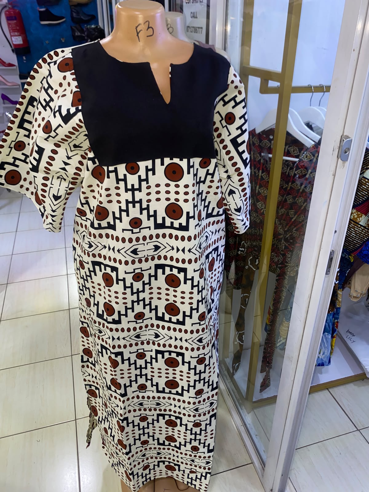 Kazuri Maxi Dress — Cream, Brown & Black Geometric