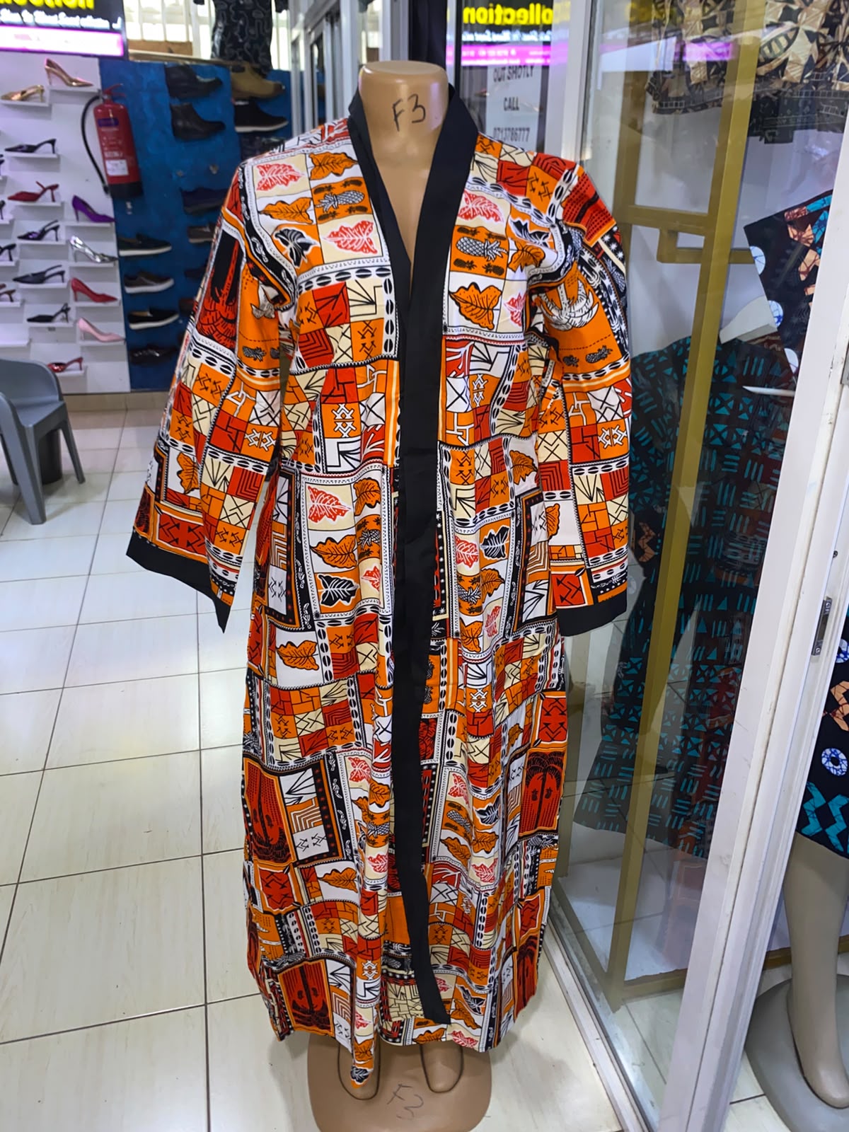 JGC Floor-Length Kimono — Orange, Red & Cream Geometric