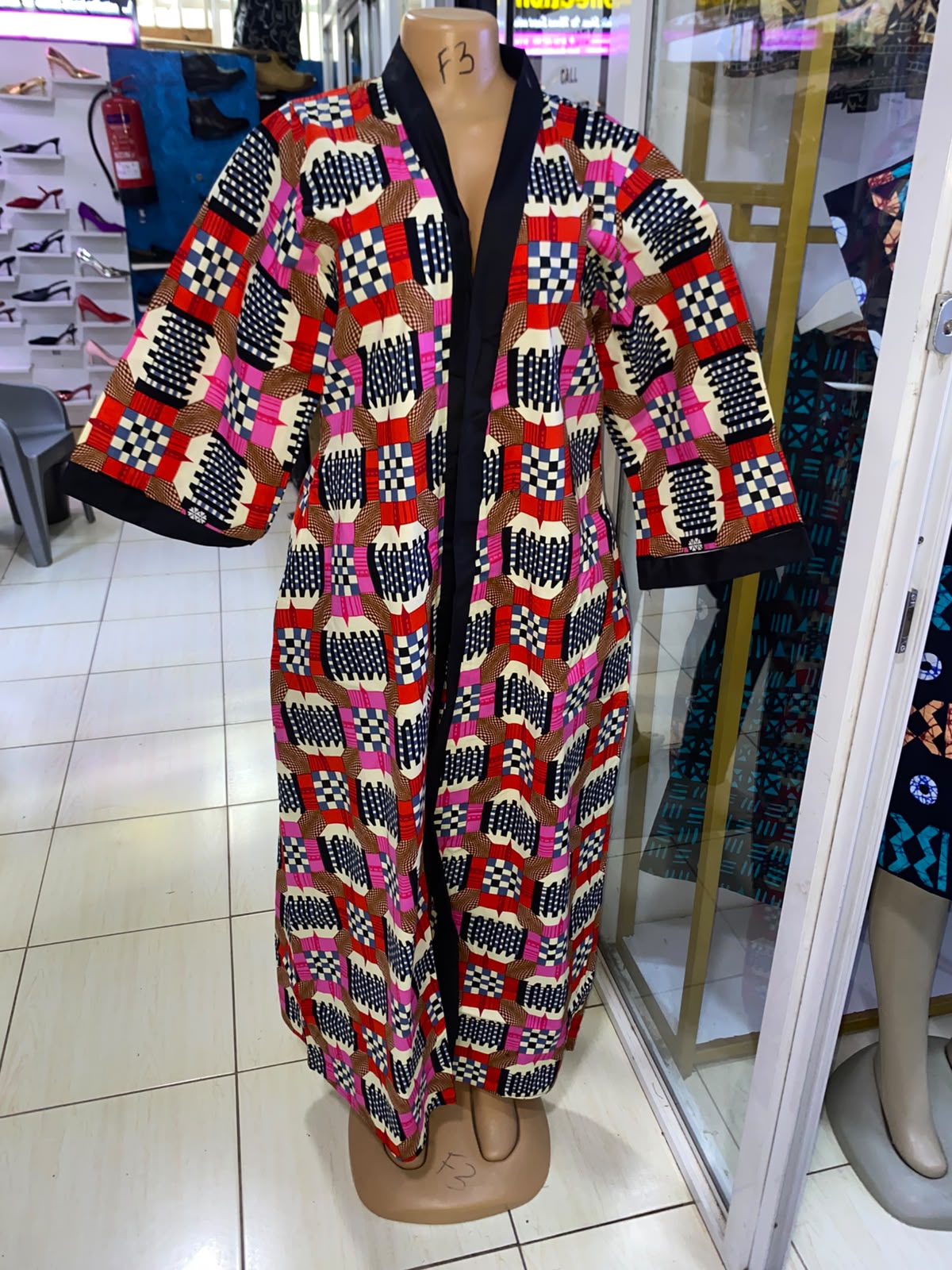JGC Floor-Length Kimono — Pink, Red & Blue Geometric