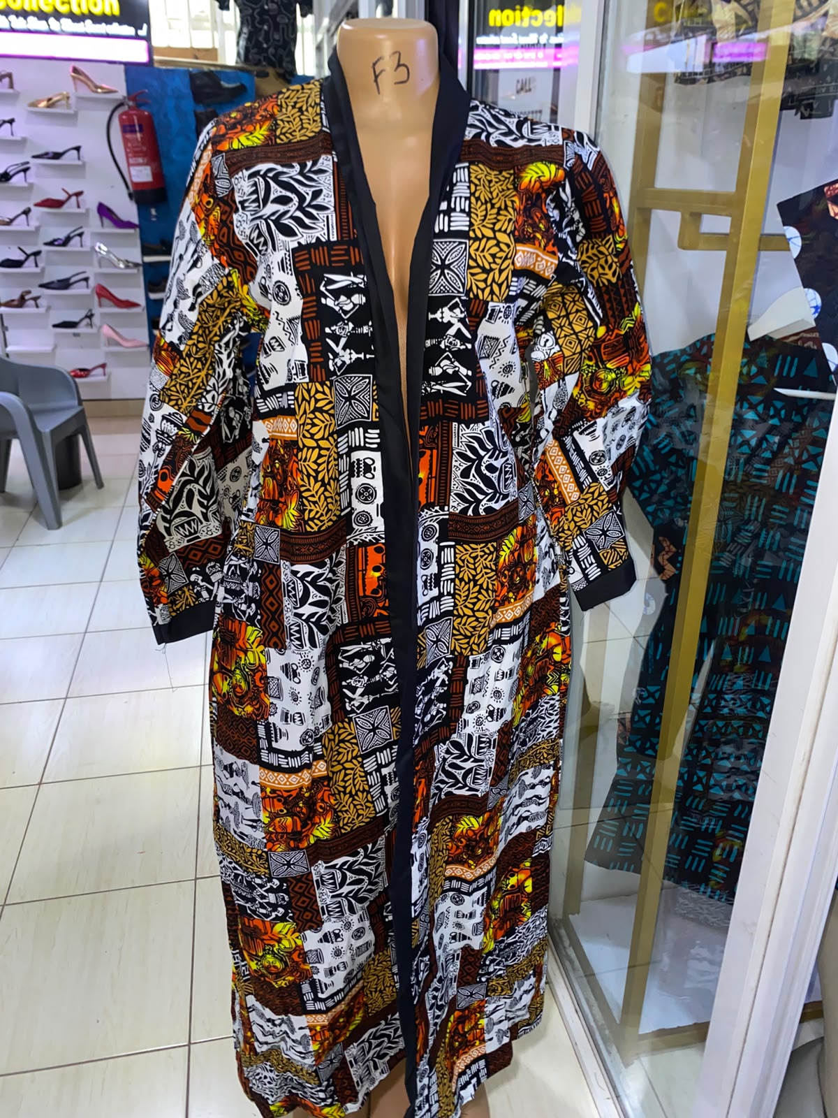 JGC Floor-Length Kimono — Orange, Black & White Geometric