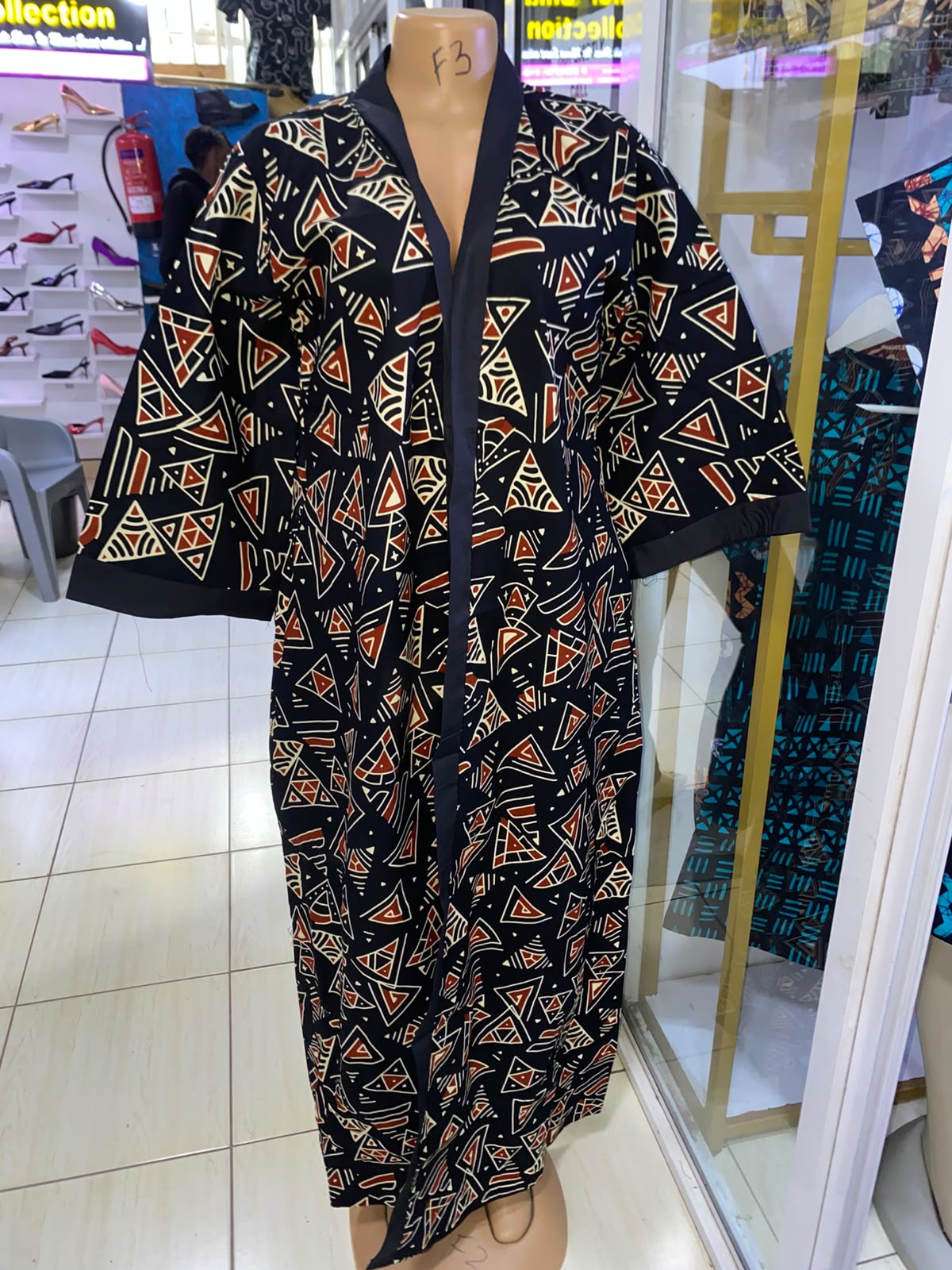 JGC Floor-Length Kimono — Black, Red & Cream Geometric