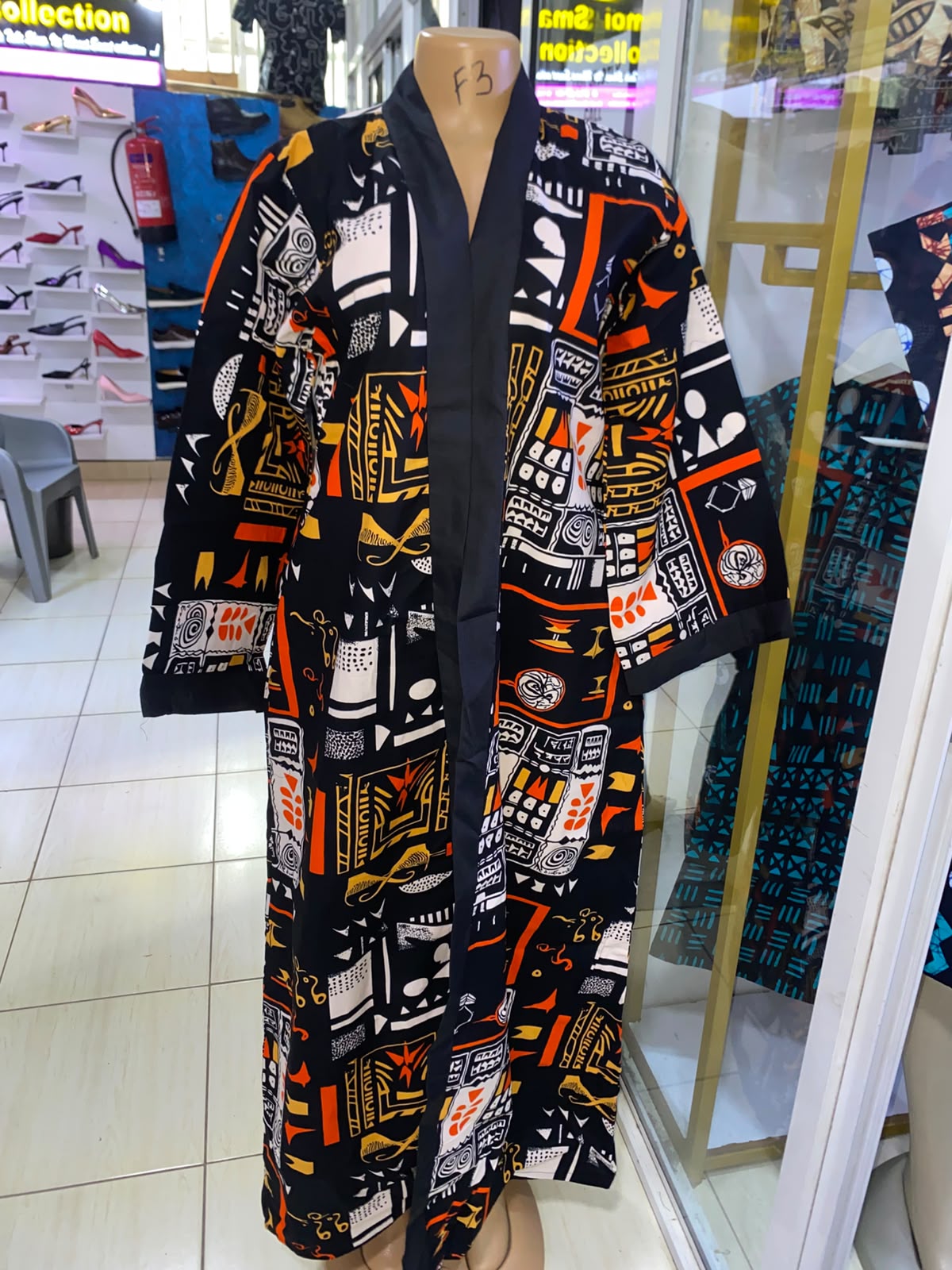 JGC Floor-Length Kimono — Black, Orange & White Geometric