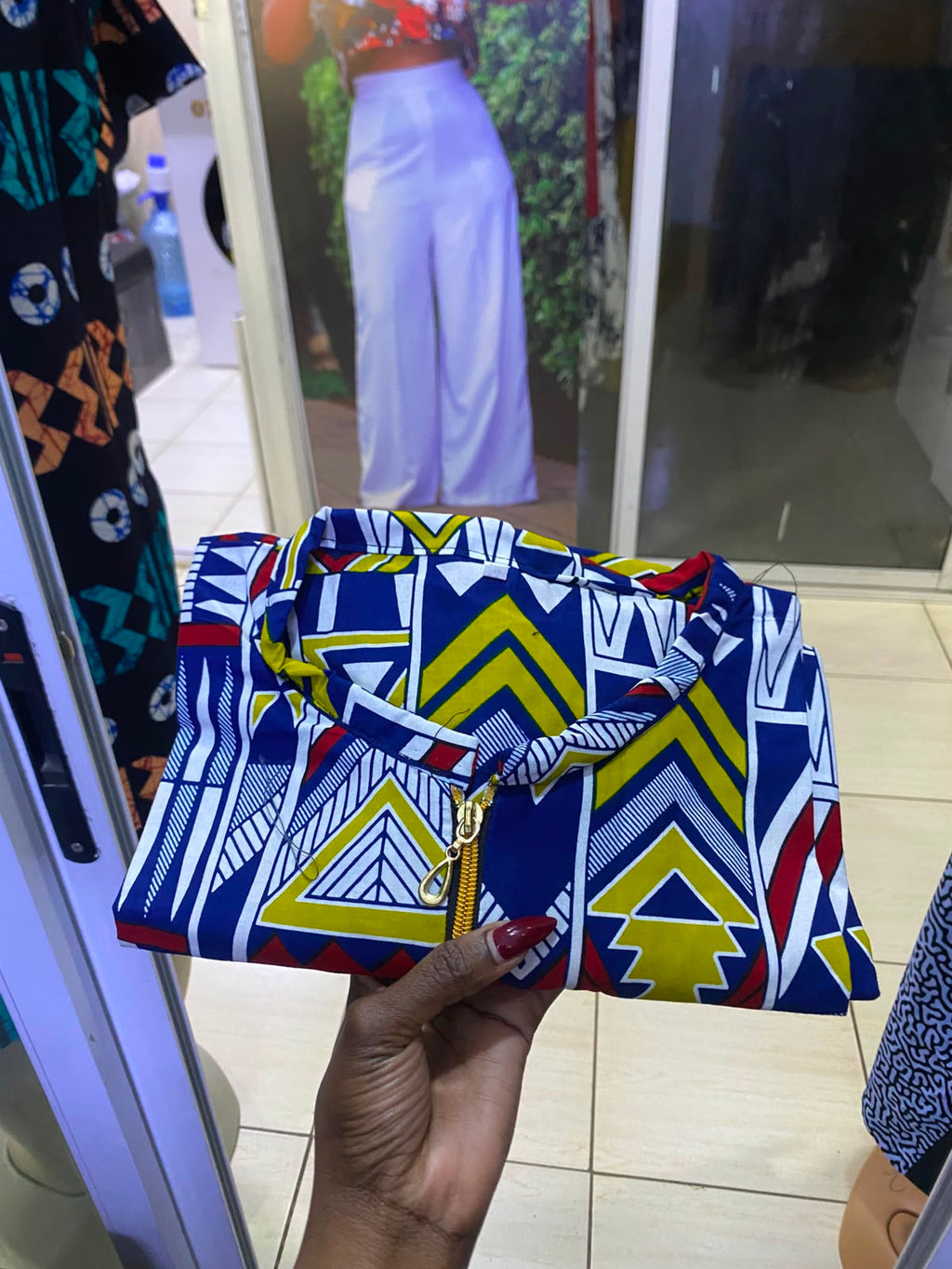 JGC Zipper Dress — Blue, Yellow & Red Geometric