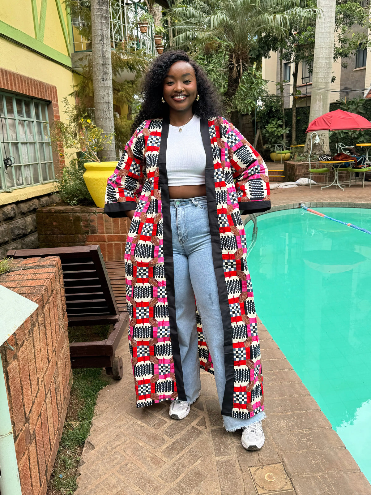 JGC Floor-Length Kimono — Pink, Red & Blue Geometric
