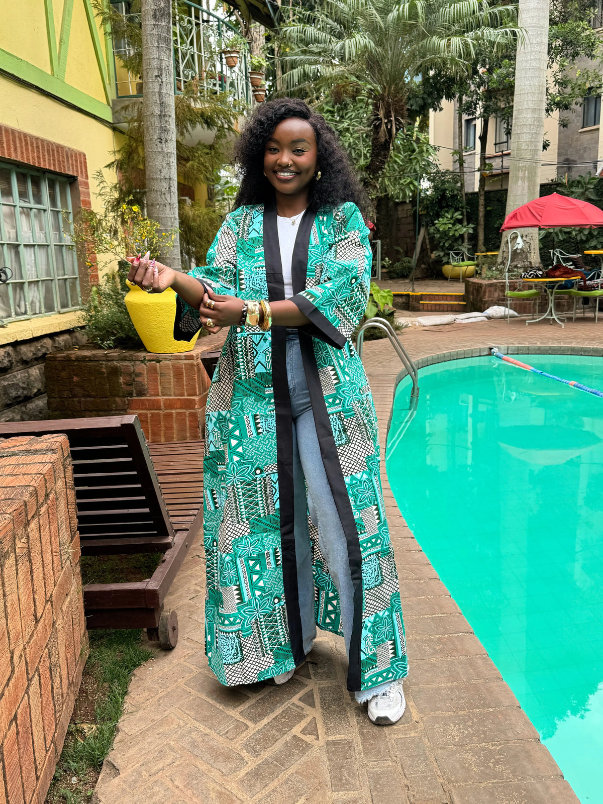 JGC Floor-Length Kimono — Green & Turquoise Geometric