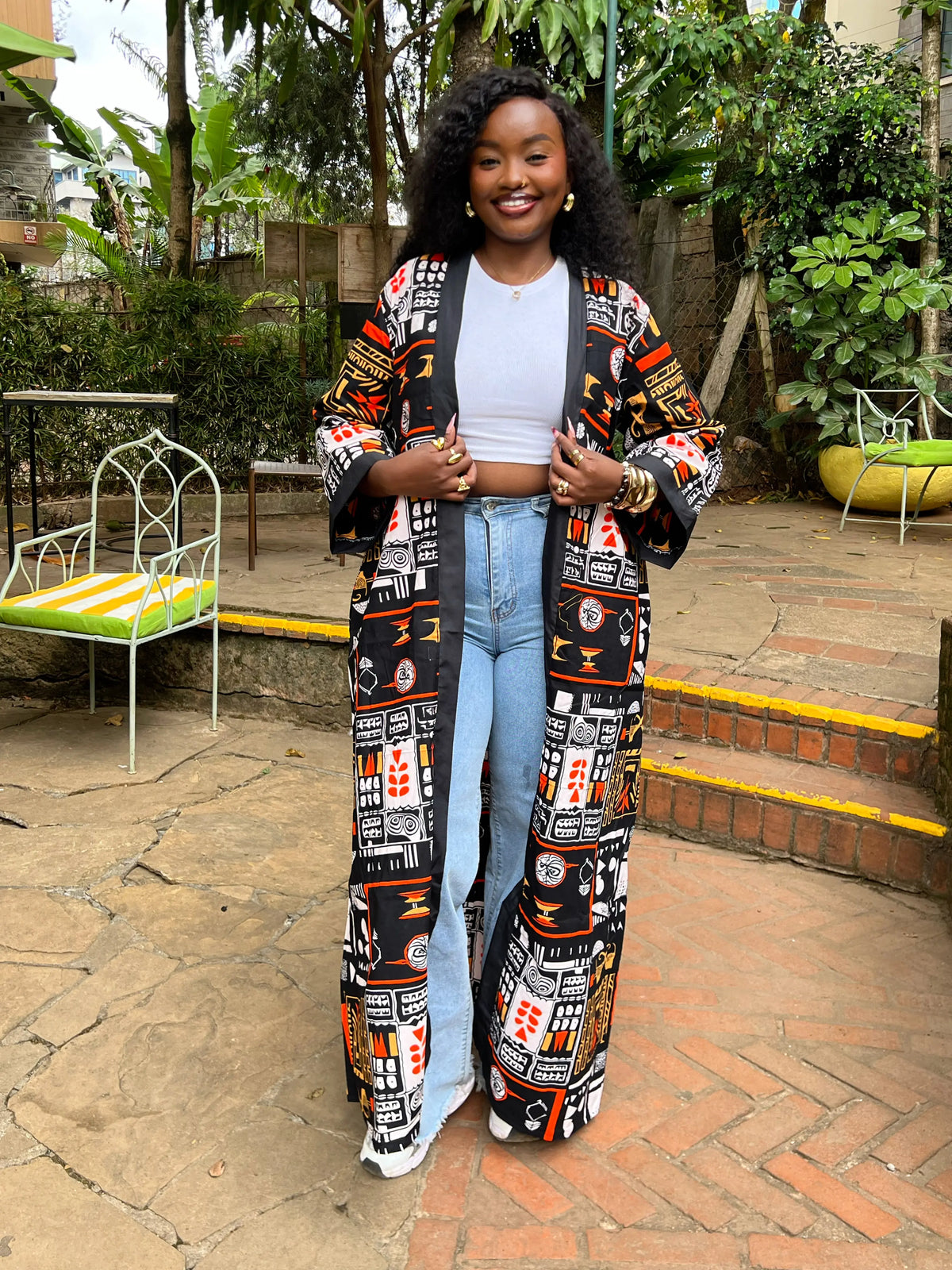 JGC Floor-Length Kimono — Orange, Black & White Geometric
