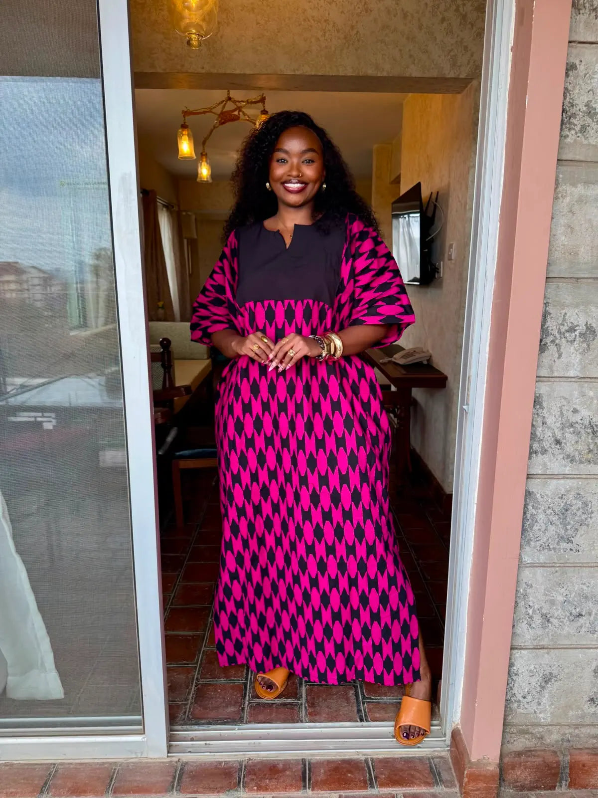 Kazuri Maxi Dress — Pink & Black Geometric