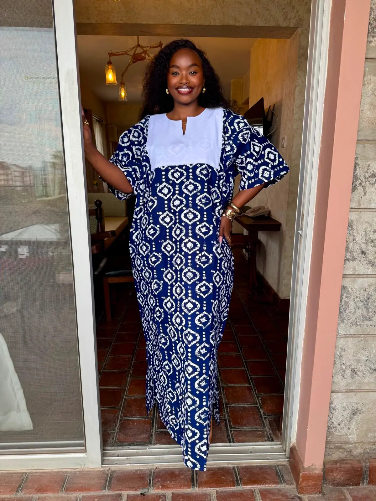 Kazuri Maxi Dress — Navy & White Geometric