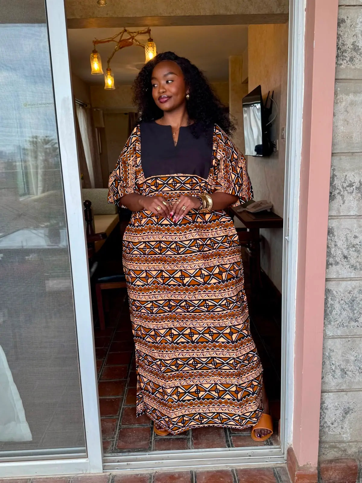 Kazuri Maxi Dress — Orange & Black Geometric
