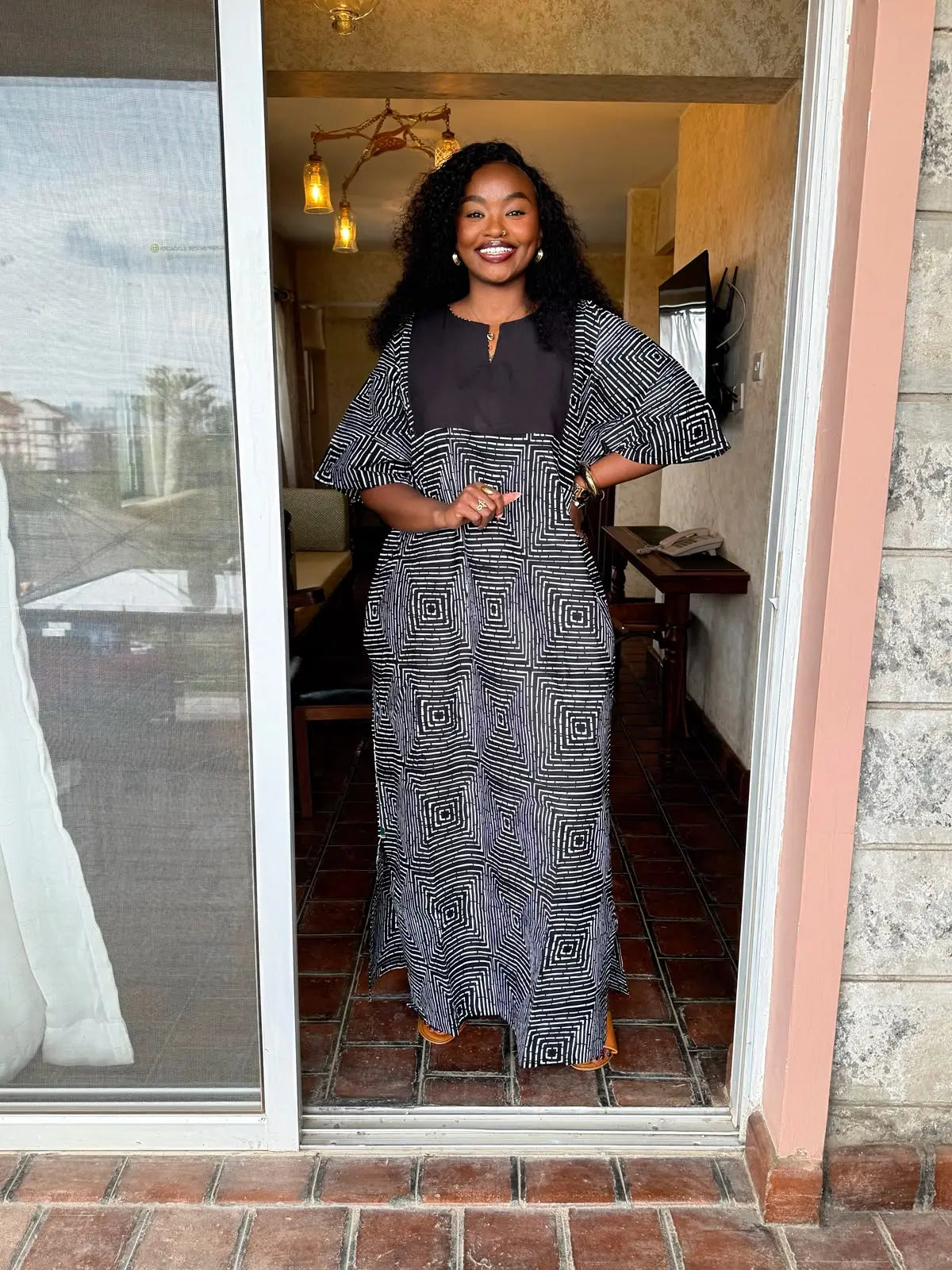 Kazuri Maxi Dress — Black & White Abstract