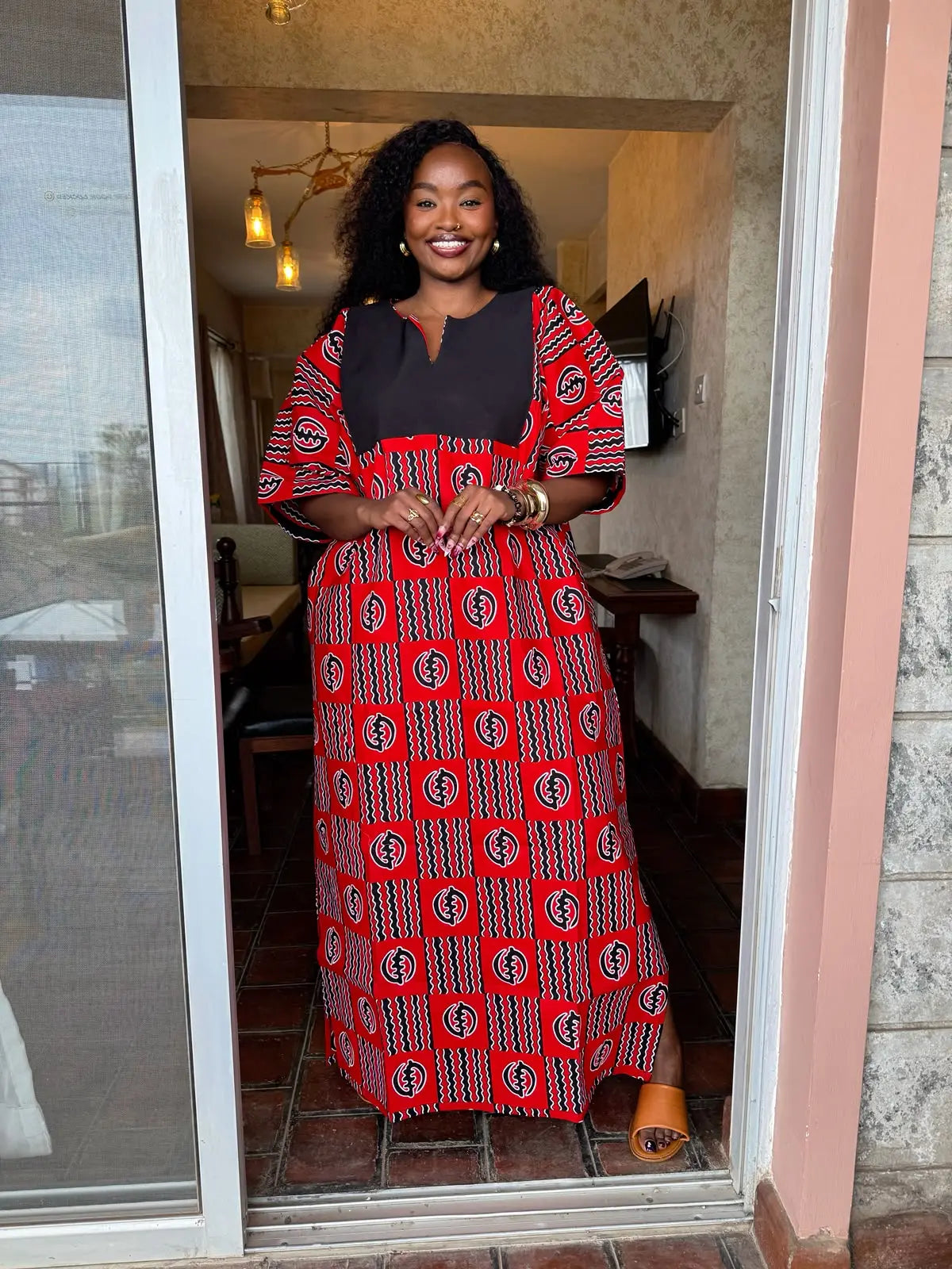 Kazuri Maxi Dress — Red & Black Geometric