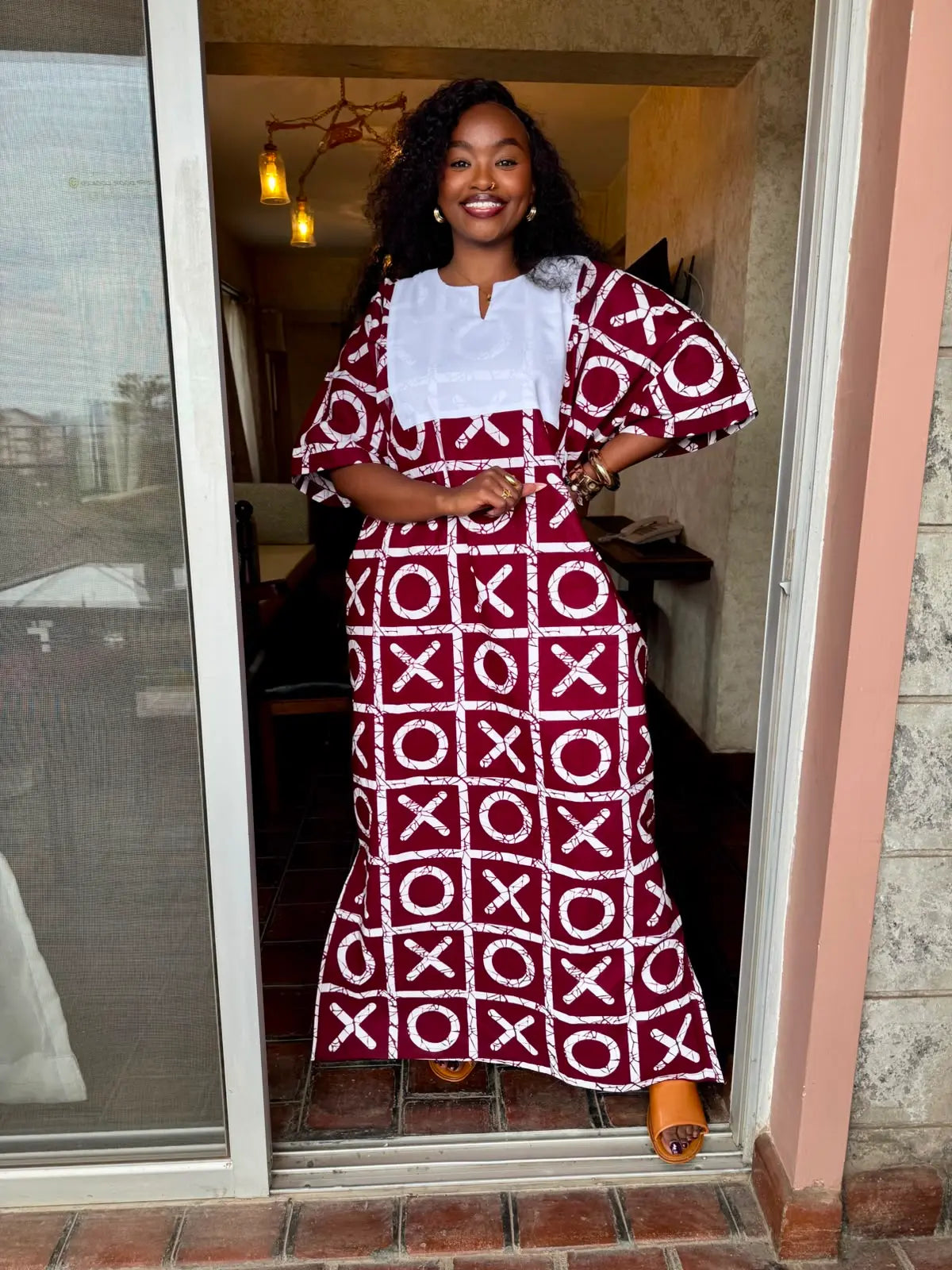 Kazuri Maxi Dress — Xoxo Burgundy & White Geometric
